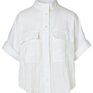 FRAME Women SMALL Linen Shirt Short Sleeve Safari White Striped Boxy